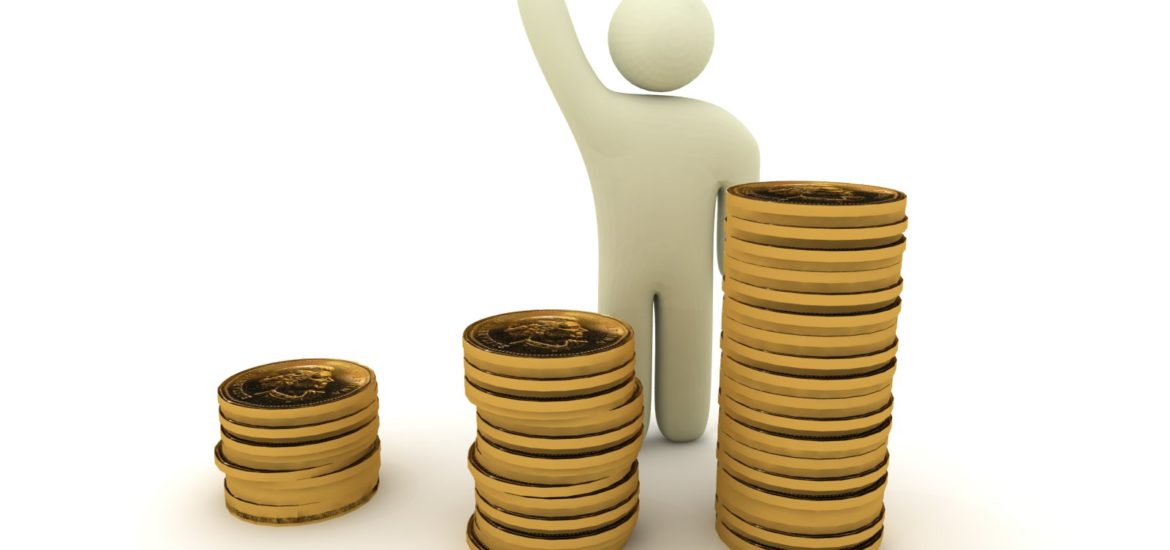 An illustration of a person standing next to a pile of coins