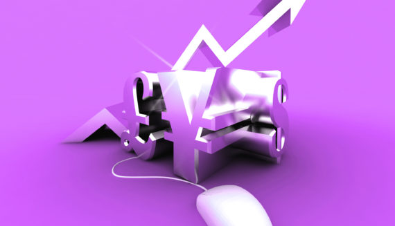 A purple image with an rising arrow and a computer mouse