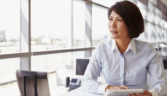 A woman in a blue shirt